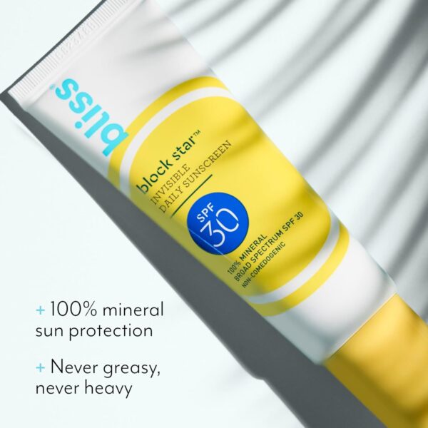 56% OFF DEAL Bliss Block Star SPF 30 Invisible Daily Tinted Sunscreen with Zinc Oxide, Sunscreen & Makeup Primer - 100% Mineral Broad Spectrum Sunscreen