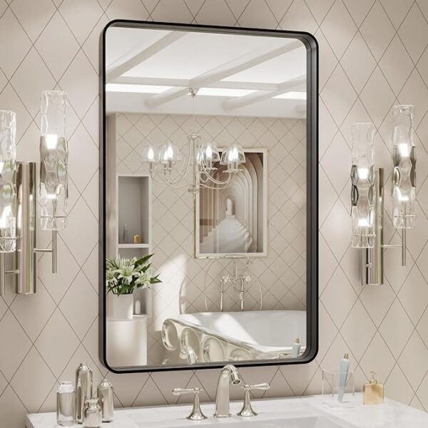 50% Spring Deal On LOAAO 20X30 Inch Black Metal Framed Bathroom Mirror