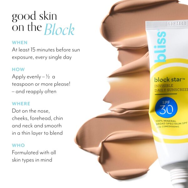 56% OFF DEAL Bliss Block Star SPF 30 Invisible Daily Tinted Sunscreen with Zinc Oxide, Sunscreen & Makeup Primer - 100% Mineral Broad Spectrum Sunscreen - Image 7